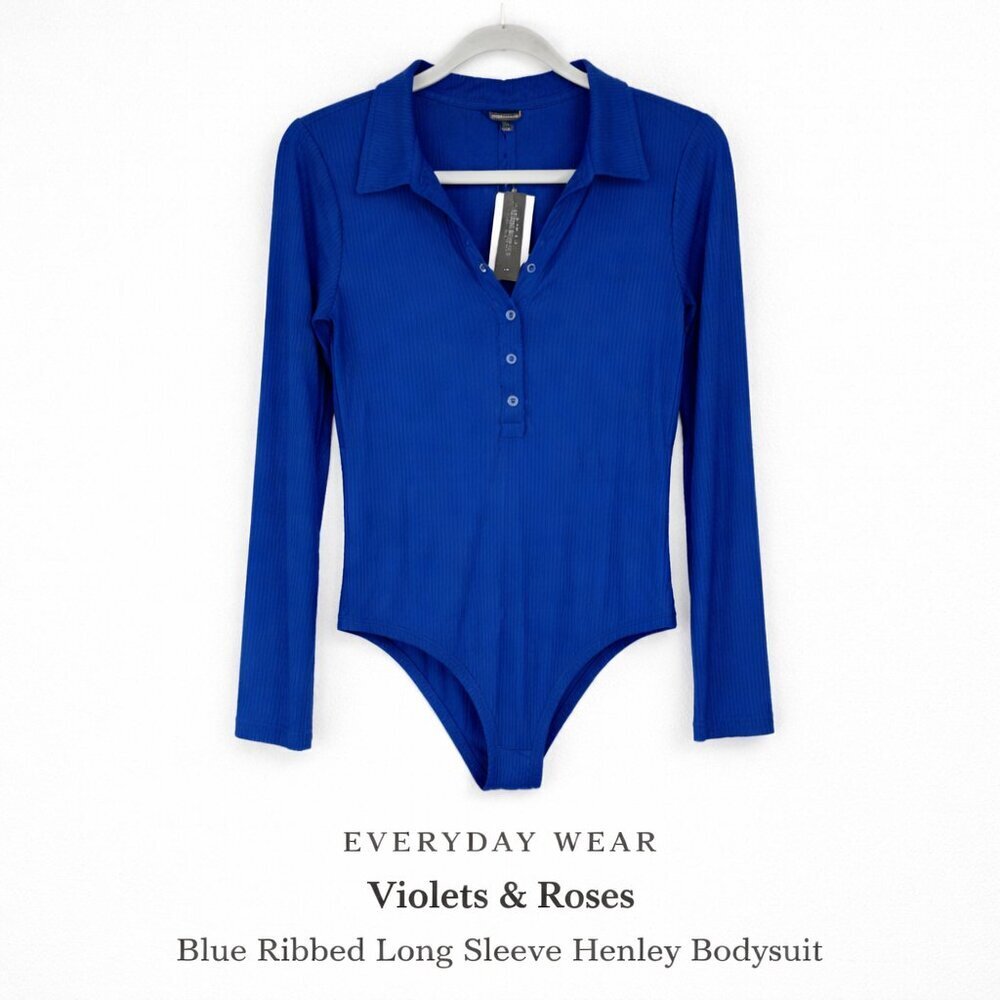 NWT Blue Ribbed Long Sleeve Henley Bodysuit Stretch L